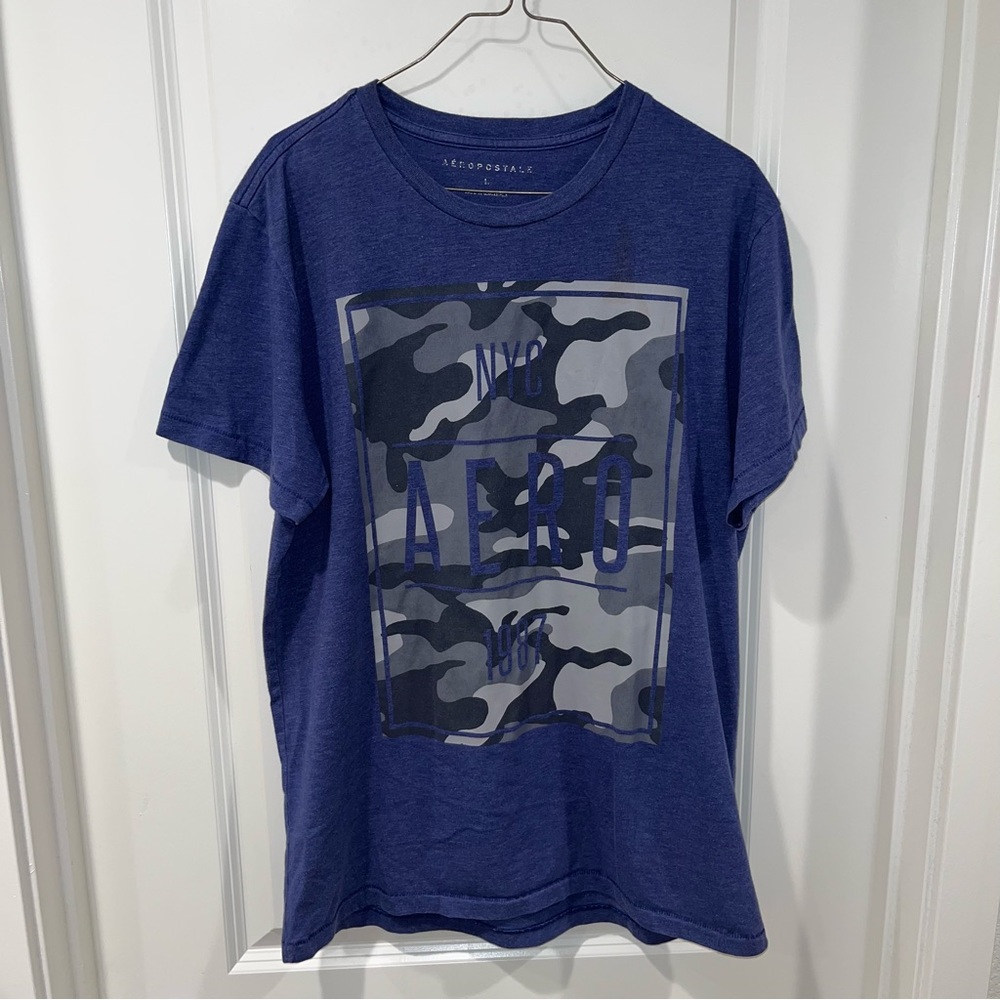 Aeropostale Men’s Blue Short Sleeve Design camouflage Logo T-Shirt Size Large